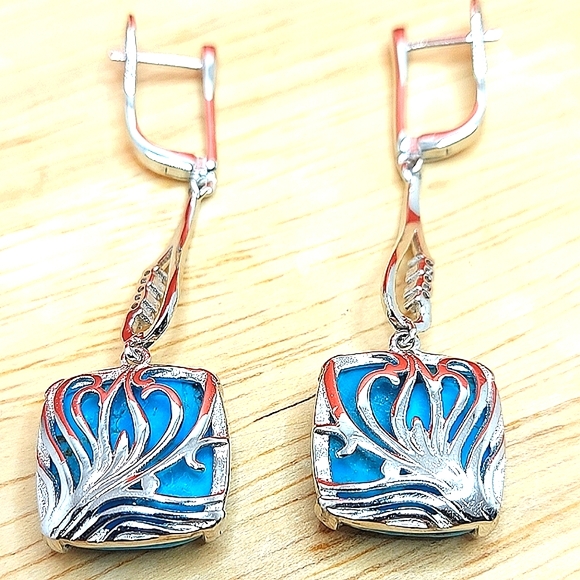 Natural Arizona Turquoise 16mm & Cz 925 Sterling Silver Earrings - Picture 6 of 9